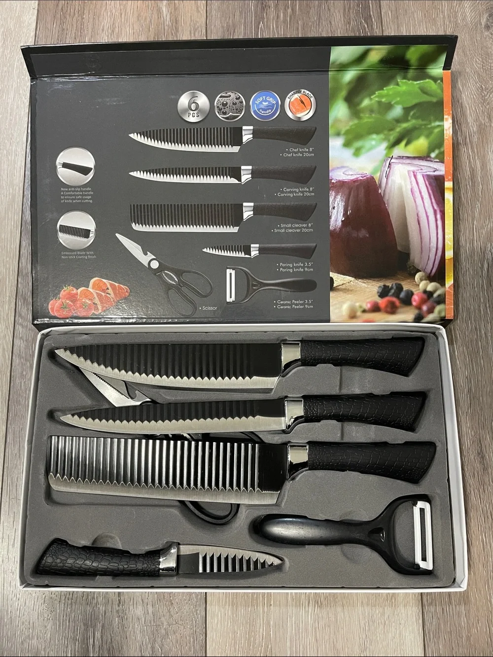 6-Piece Serrated Knife and Peeler Set with Black Handles